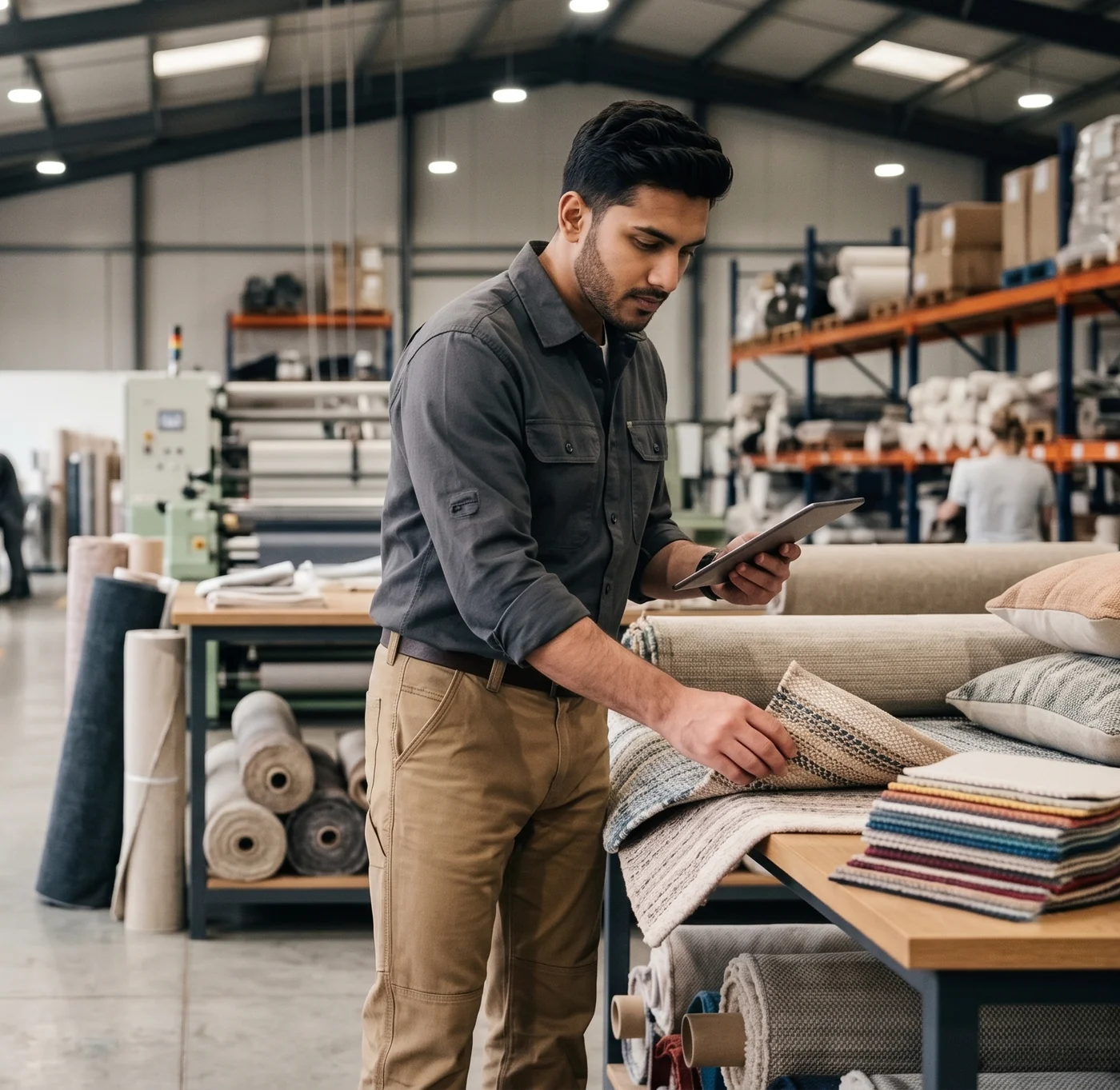 Quality inspector checking fabric rolls and samples at source factory